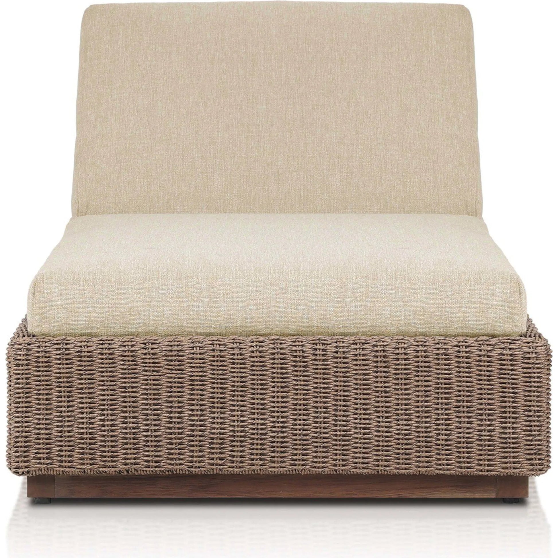 Lorelei Outdoor Chaise by Four Hands in alessi buff, stained toasted brown-fsc, faux dark hyacinth. Made from 100% polypropylene, solid fsc®-certified teak, 100% polyethylene in a rustic style.