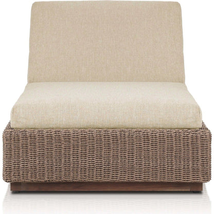 Lorelei Outdoor Chaise by Four Hands in alessi buff, stained toasted brown-fsc, faux dark hyacinth. Made from 100% polypropylene, solid fsc®-certified teak, 100% polyethylene in a rustic style.