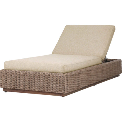 Lorelei Outdoor Chaise by Four Hands in alessi buff, stained toasted brown-fsc, faux dark hyacinth. Made from 100% polypropylene, solid fsc®-certified teak, 100% polyethylene in a rustic style.