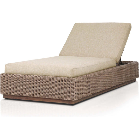 Lorelei Outdoor Chaise by Four Hands in alessi buff, stained toasted brown-fsc, faux dark hyacinth. Made from 100% polypropylene, solid fsc®-certified teak, 100% polyethylene in a rustic style.