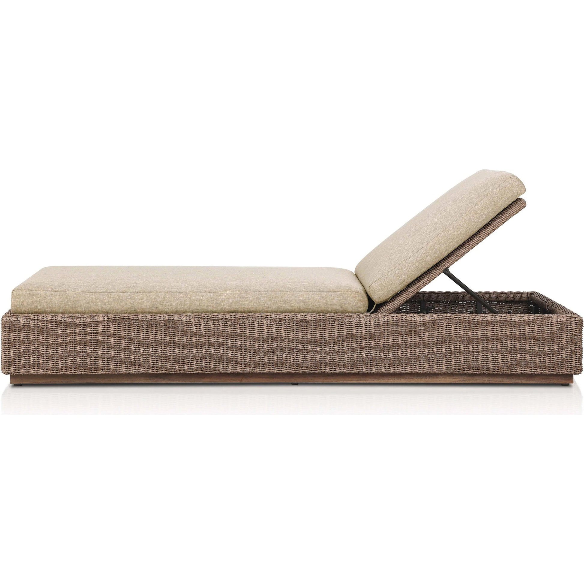 Lorelei Outdoor Chaise by Four Hands in alessi buff, stained toasted brown-fsc, faux dark hyacinth. Made from 100% polypropylene, solid fsc®-certified teak, 100% polyethylene in a rustic style.