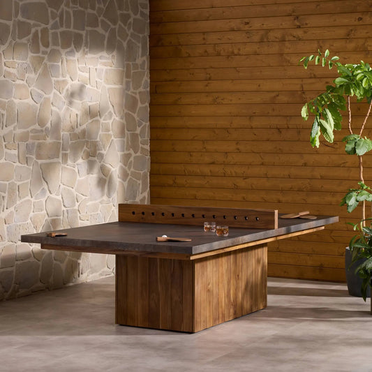 Outdoor Ping Pong Table by Four Hands in rust aluminum, toasted rustic teak. Made from aluminum, solid teak in a unique style.