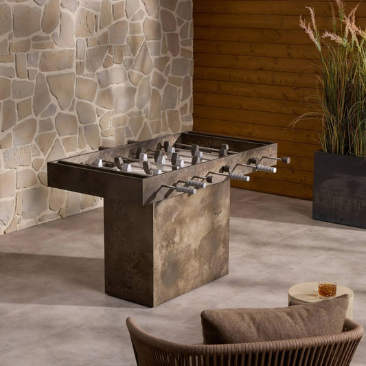 Outdoor Foosball Table by Four Hands in oxidized aluminum, travertine. Made from aluminum, solid travertine in a unique style.