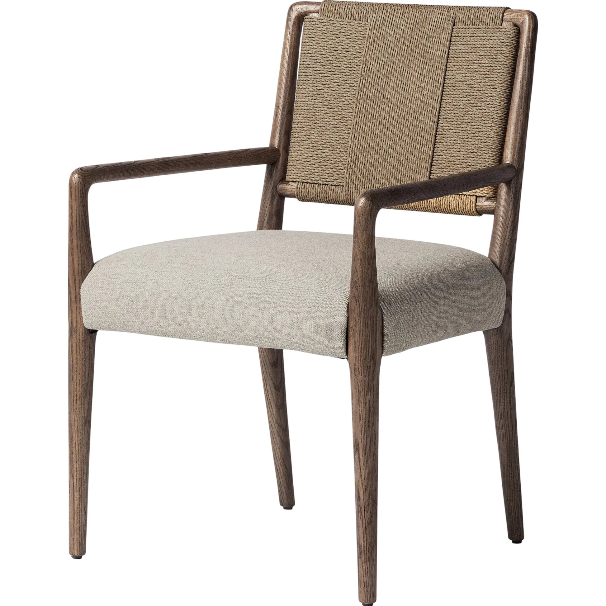 Rothler Dining Armchair by Four Hands in alcala wheat, tan oak, double twisted paper cord. Made from 70% polyester, 20% viscose (rayon), 10% flax/linen, solid oak, rush in a unique style.