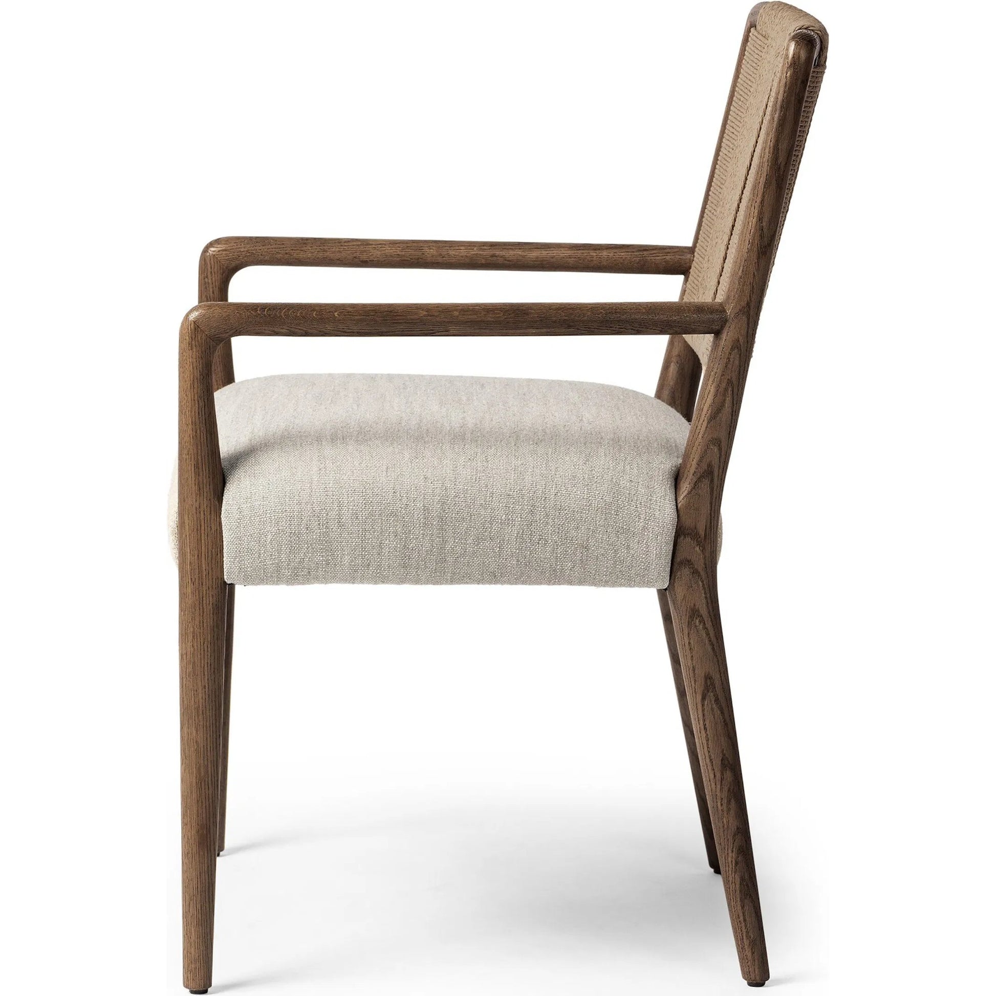 Rothler Dining Armchair by Four Hands in alcala wheat, tan oak, double twisted paper cord. Made from 70% polyester, 20% viscose (rayon), 10% flax/linen, solid oak, rush in a unique style.