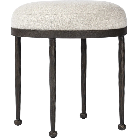Corinne Accent Stool by Four Hands in crete pebble, hammered bronze, textured bronze. Made from 100% post consumer recycled polypropylene, iron in a transitional style.
