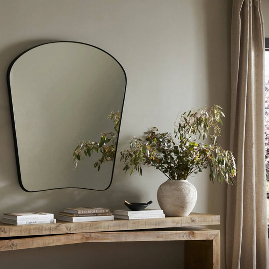 Merona Mantel Mirror by Four Hands in iron matte black. Made from iron, mirror in a unique style.
