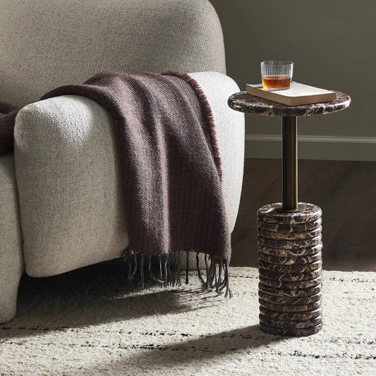 Reeves End Table by Four Hands in garnet marble, dark brass. Made from solid marble, iron in a unique style.