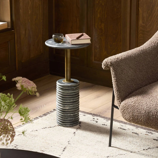 Reeves End Table by Four Hands. Made from solid marble, iron in a modern style.