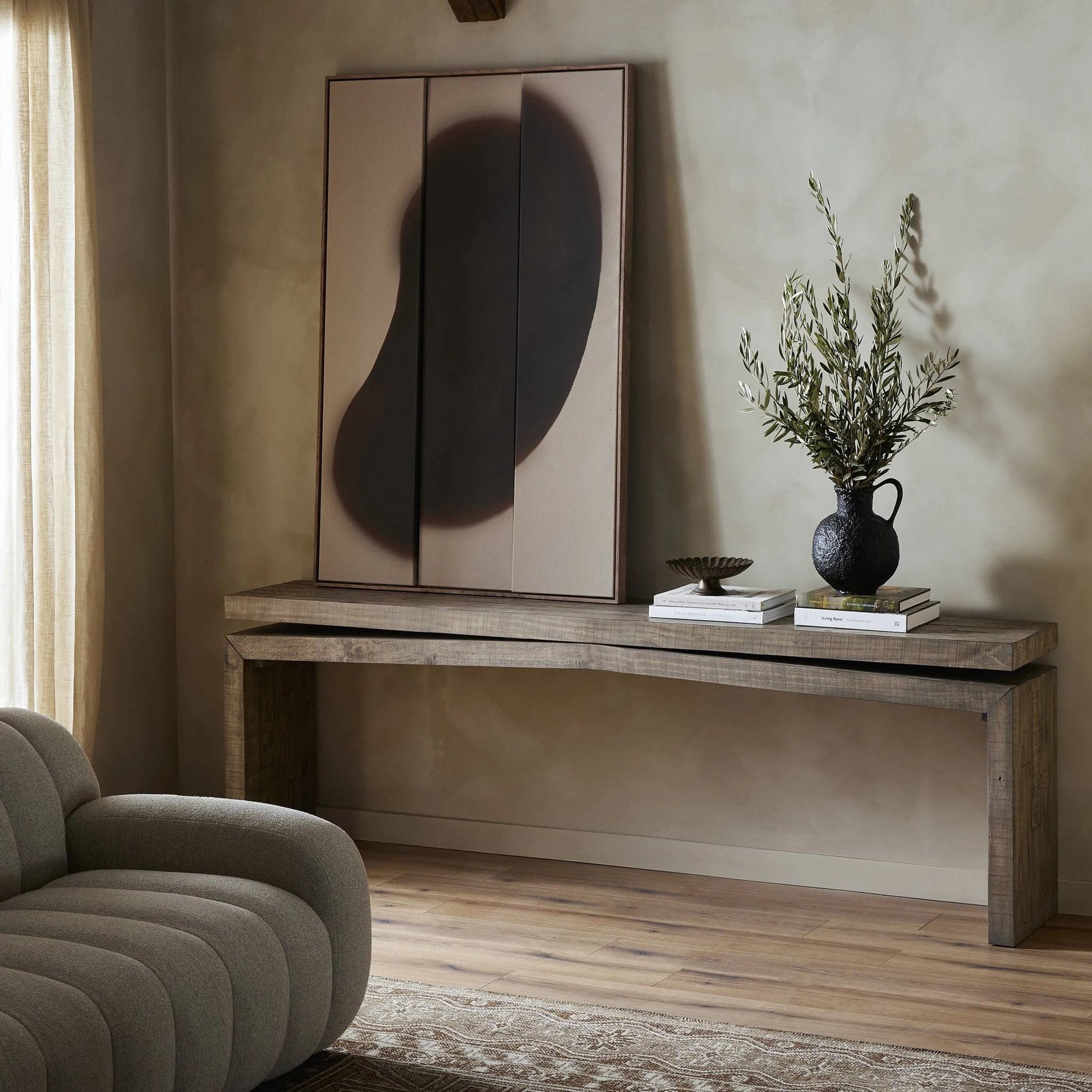 Matthes Large Console Table by Four Hands. Made from solid reclaimed pine in a modern style.