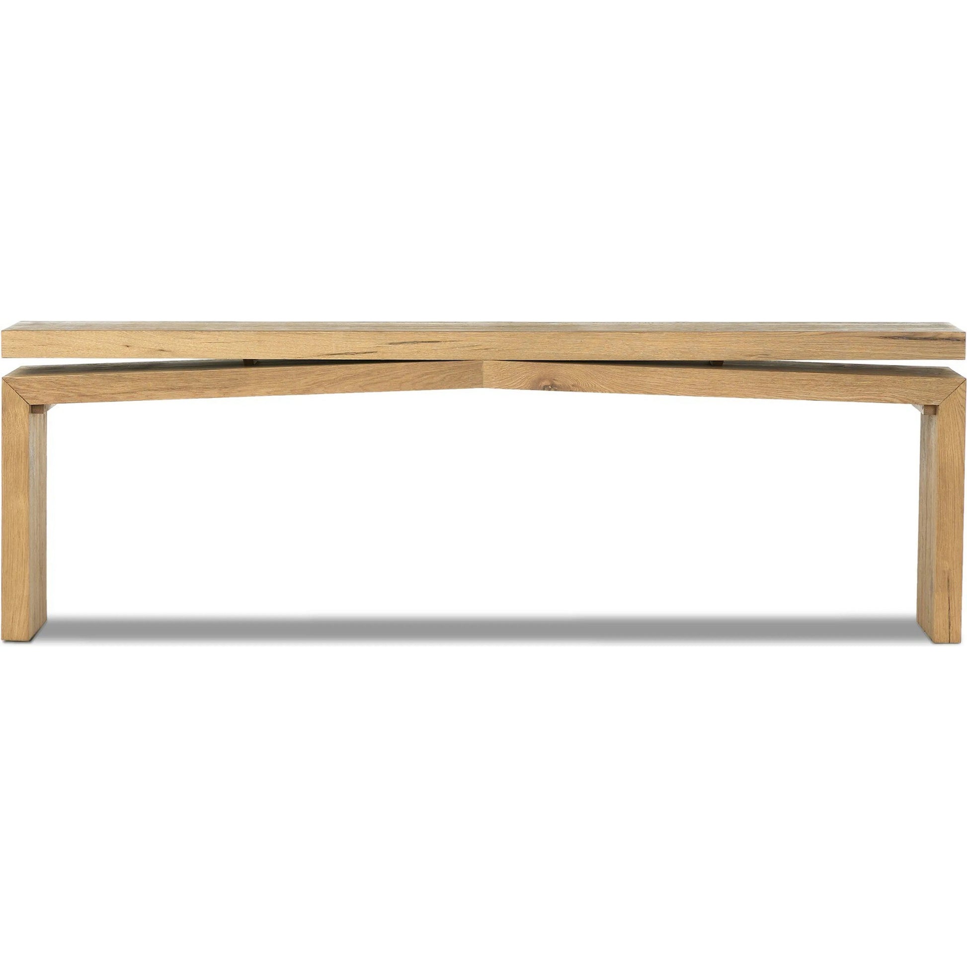Matthes 94" Console Table by Four Hands in worn oak veneer. Made from thick oak veneer, dandy plywood in a unique style.
