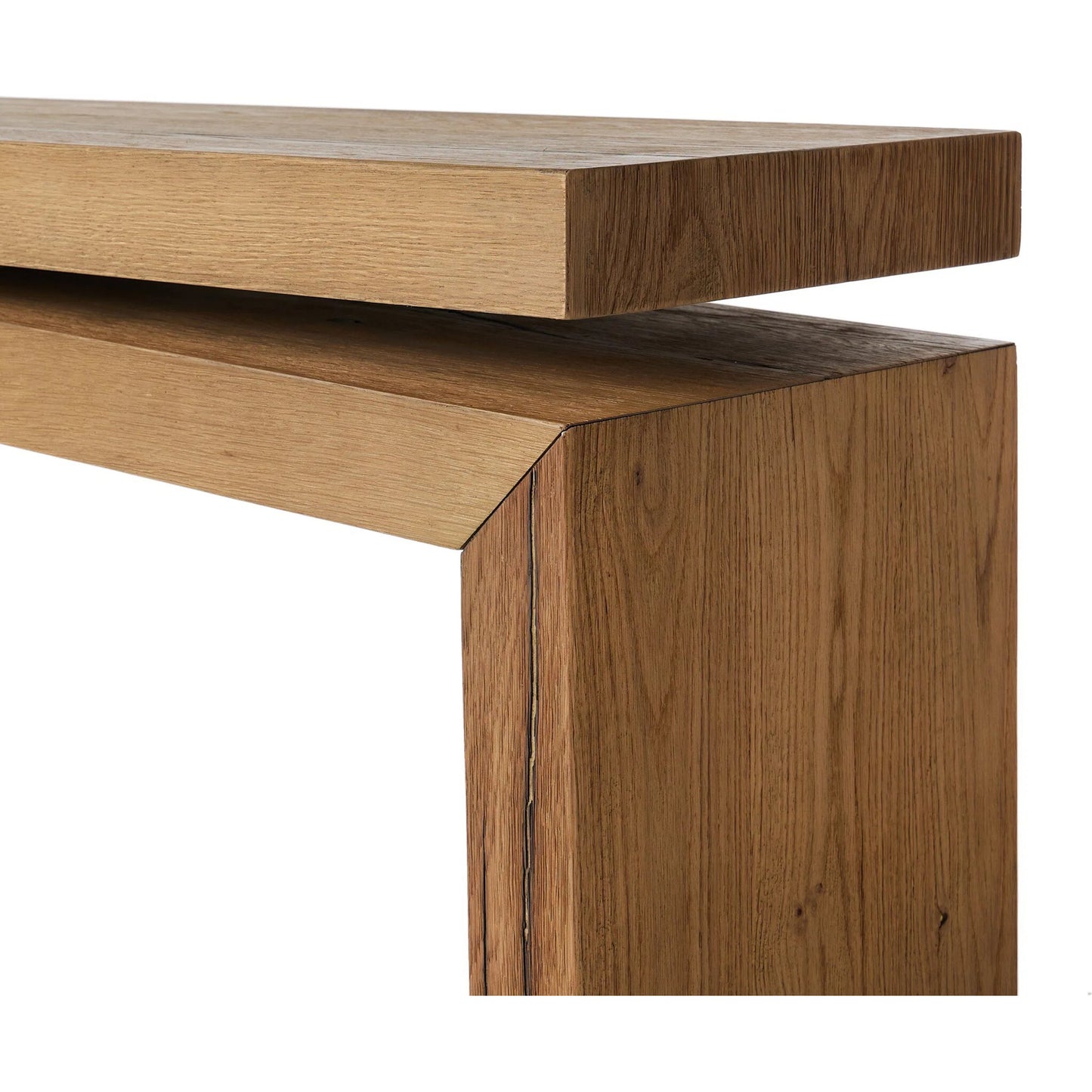 009 SI-2257146 | Closeup | Matthes 94" Console Table by Four Hands in worn oak veneer. Made from thick oak veneer, dandy plywood in a transitional style.