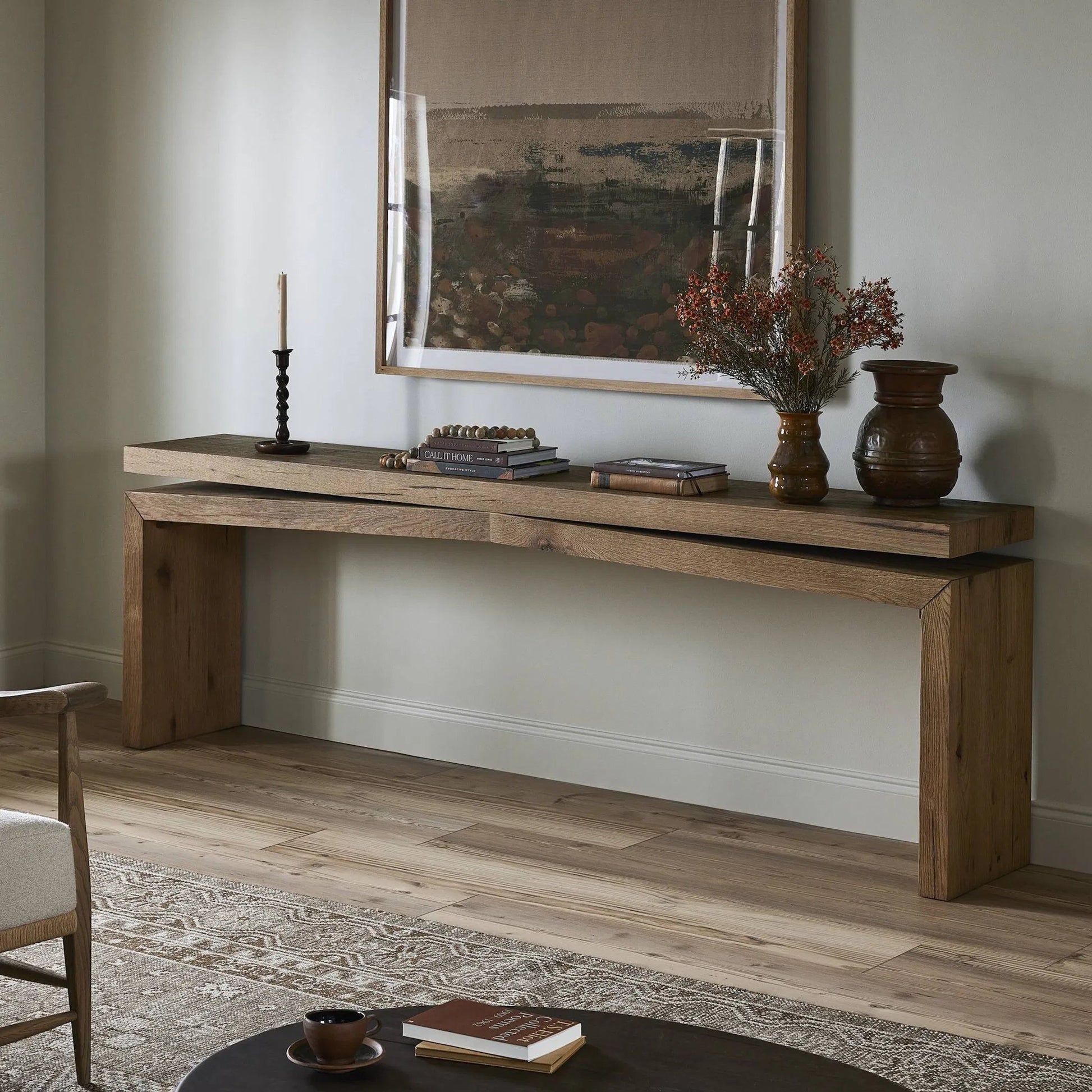 Matthes 94" Console Table by Four Hands in worn oak veneer. Made from thick oak veneer, dandy plywood in a unique style.