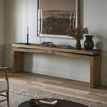 Matthes 94" Console Table by Four Hands in worn oak veneer. Made from thick oak veneer, dandy plywood in a transitional style.