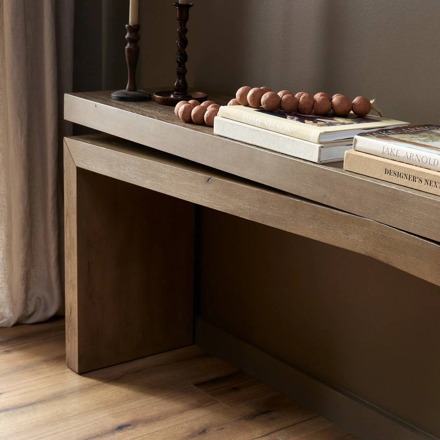 015 SI-2519241 | Closeup | Matthes Console Table by Four Hands. Made from thick oak veneer in a transitional style.