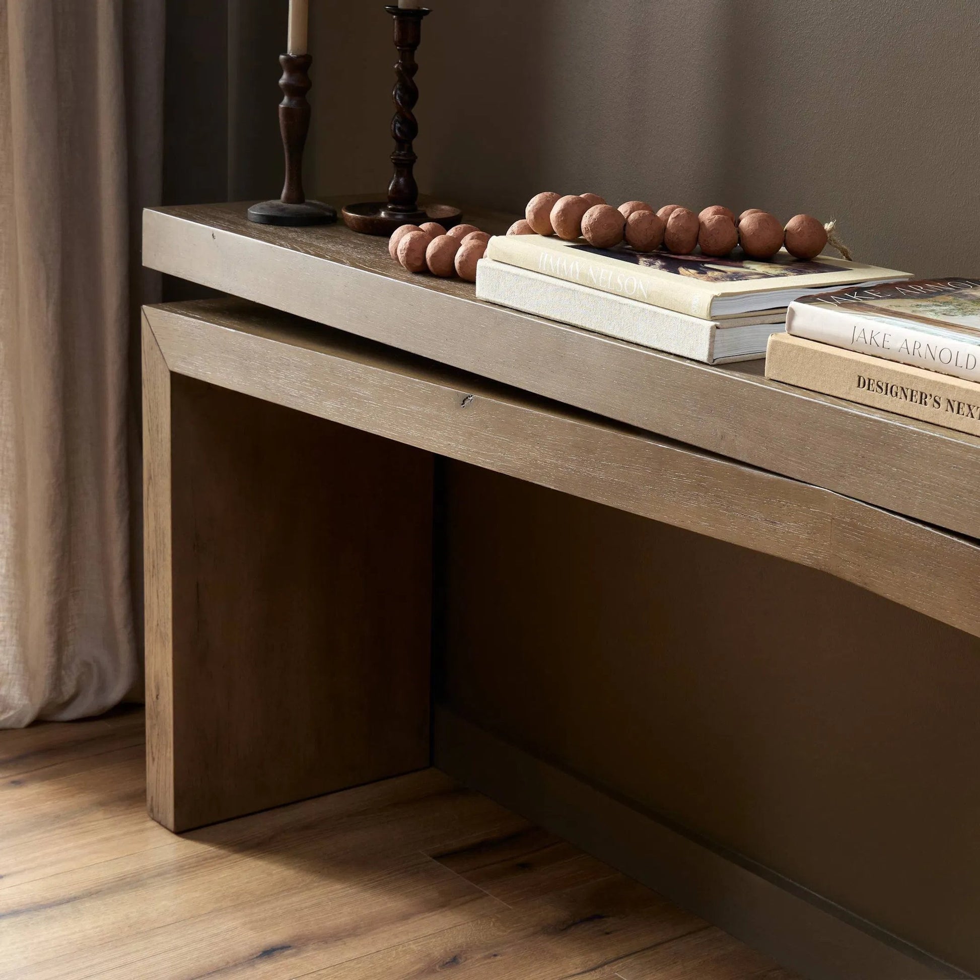 Matthes Console Table by Four Hands. Made from thick oak veneer in a transitional style.