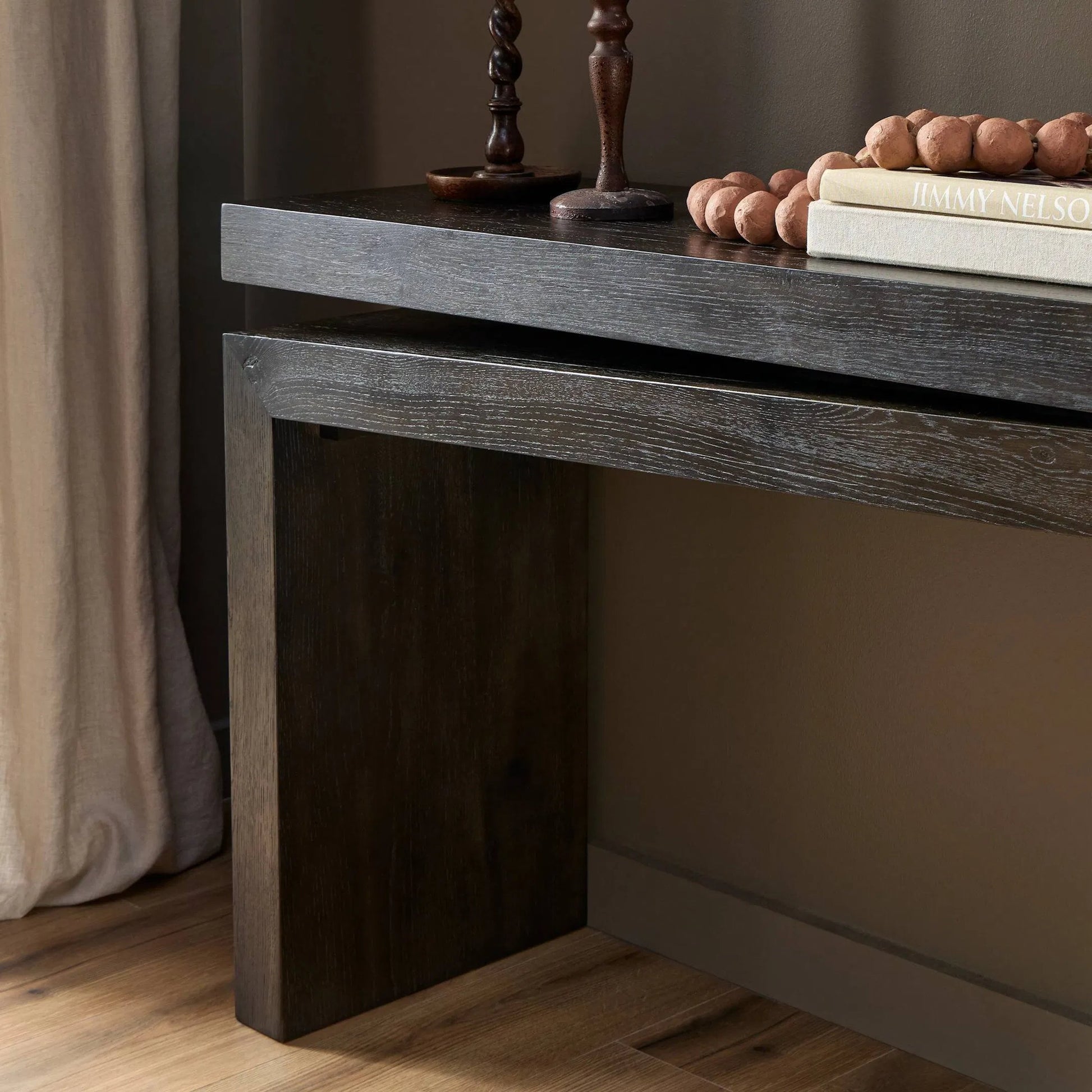 Matthes Console Table by Four Hands. Made from thick oak veneer in a transitional style.