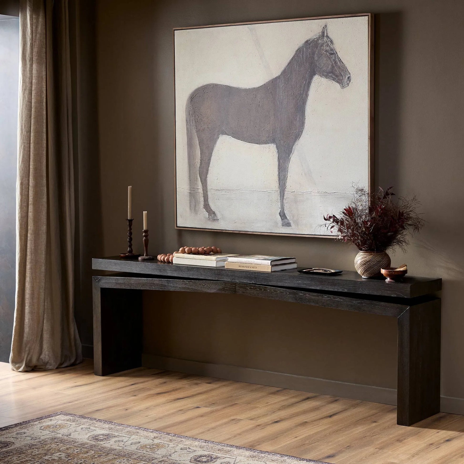 Matthes Console Table by Four Hands. Made from thick oak veneer in a transitional style.