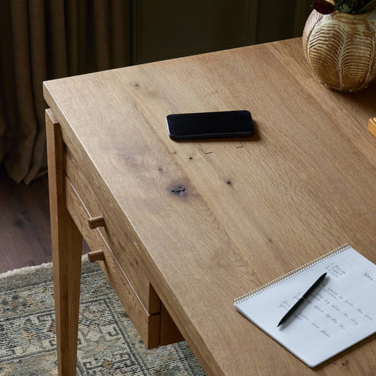 Bergstrom Desk by Four Hands in warm natural oak veneer. Made from thick oak veneer, solid oak in a modern style.