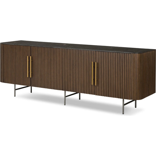 Fletcher Media Console by Four Hands in terra brown oak, brushed gunmetal. Made from solid oak, iron in a traditional style.