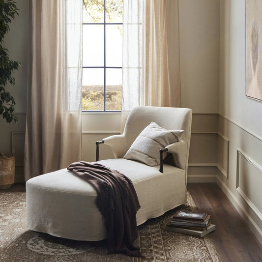 Brently Chaise by Four Hands in broadway dune, burnt oak. Made from 100% flax/linen, solid oak in a unique style.