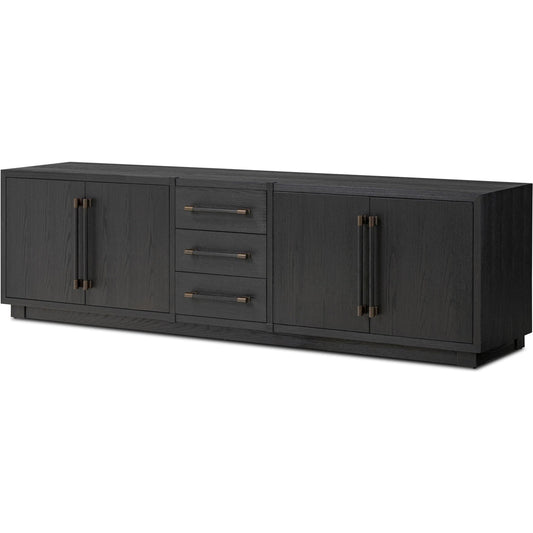 Adolfo Media Console by Four Hands in modern black ash, modern black ash solid. Made from ash veneer, solid ash in a transitional style.