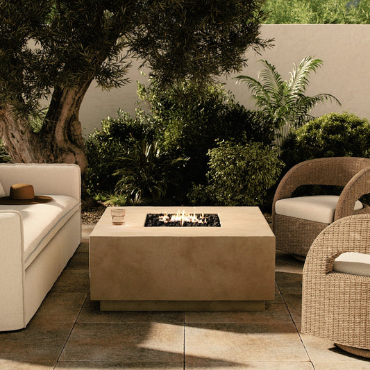 Donovan Outdoor Fire Table by Four Hands. Made from concrete in a modern style.