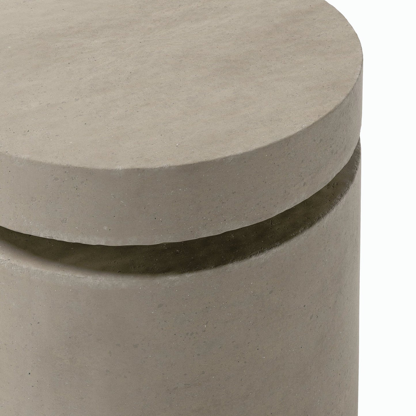 008 SI-2158196 | Closeup | Higgins Outdoor Round Propane Enclosure by Four Hands. Made from concrete in a modern style.