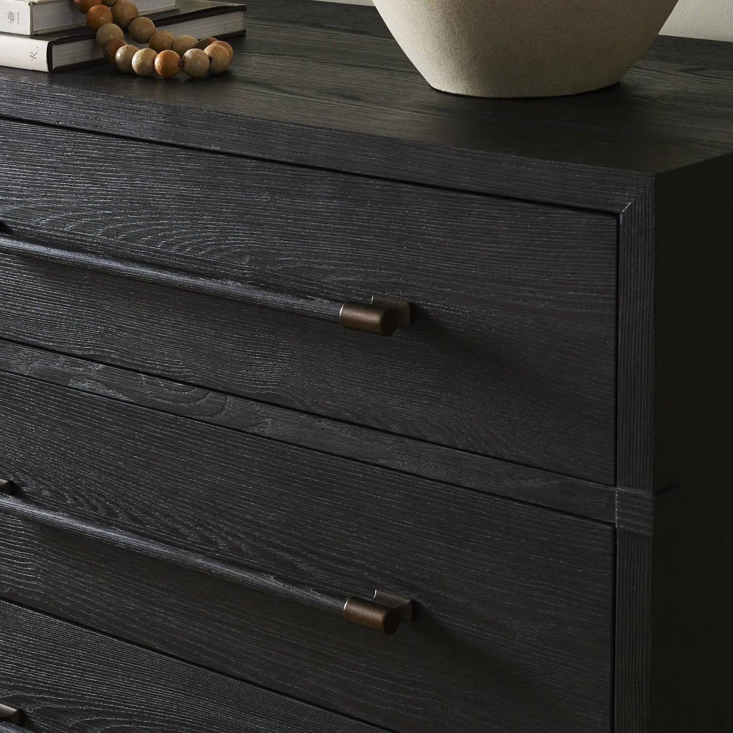 013 SI-2327537 | Closeup | Adolfo 6 Drawer Dresser by Four Hands in modern black ash, modern black ash solid. Made from ash veneer, solid ash in a modern style.