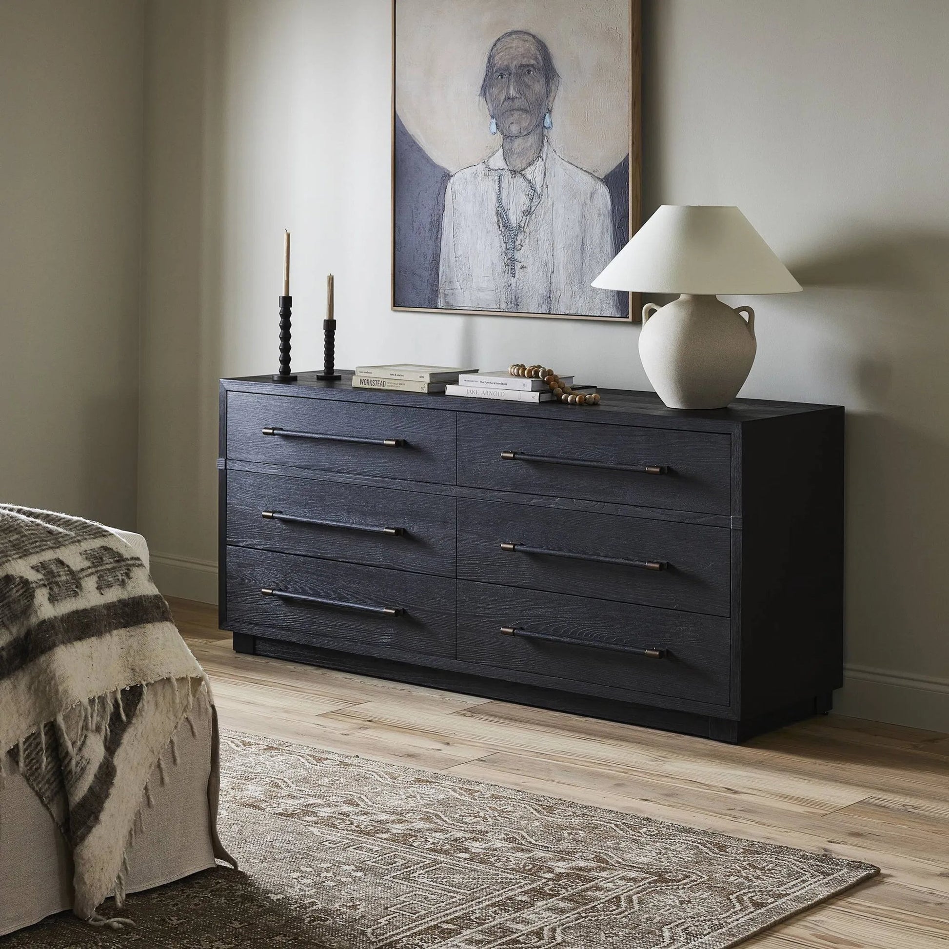 Adolfo 6 Drawer Dresser by Four Hands in modern black ash, modern black ash solid. Made from ash veneer, solid ash in a modern style.