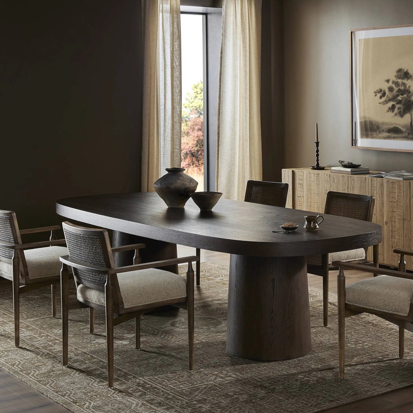011 SI-2519331 | Lifestyle | Valen Dining Table by Four Hands in rustic brown oak veneer. Made from oak veneer in a traditional style.