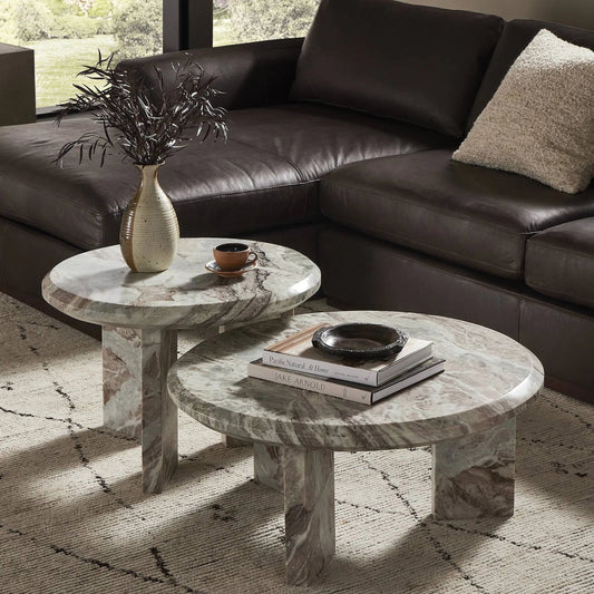 Dakota Nesting Coffee Tables by Four Hands in creamy taupe marble solid. Made from solid marble in a modern style.