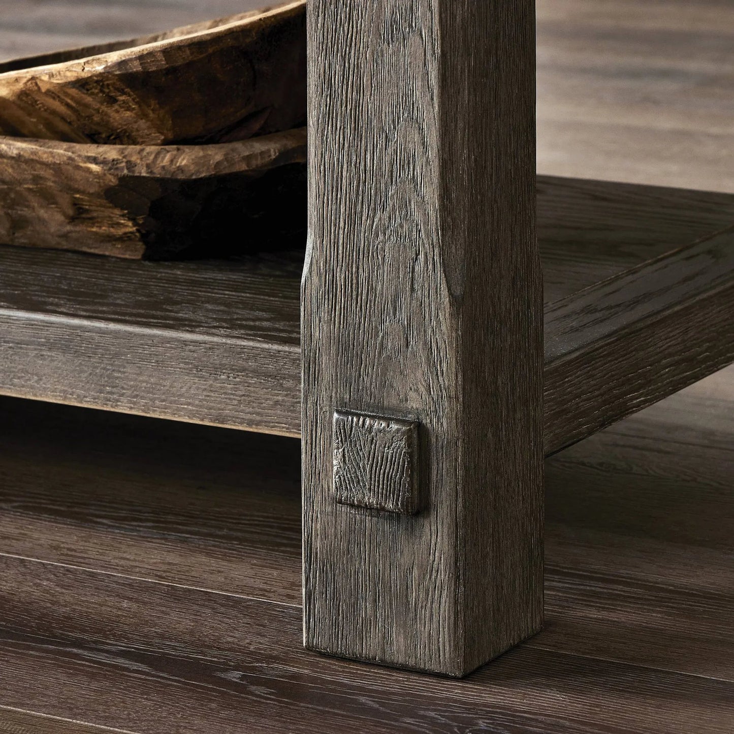 012 SI-2635295 | Closeup | Elise Kitchen Island by Four Hands in weathered hazel oak veneer, dark brass. Made from oak veneer, brass in a unique style.