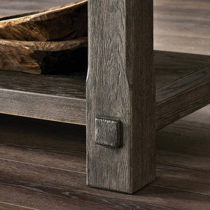 Elise Kitchen Island by Four Hands in weathered hazel oak veneer, dark brass. Made from oak veneer, brass in a unique style.