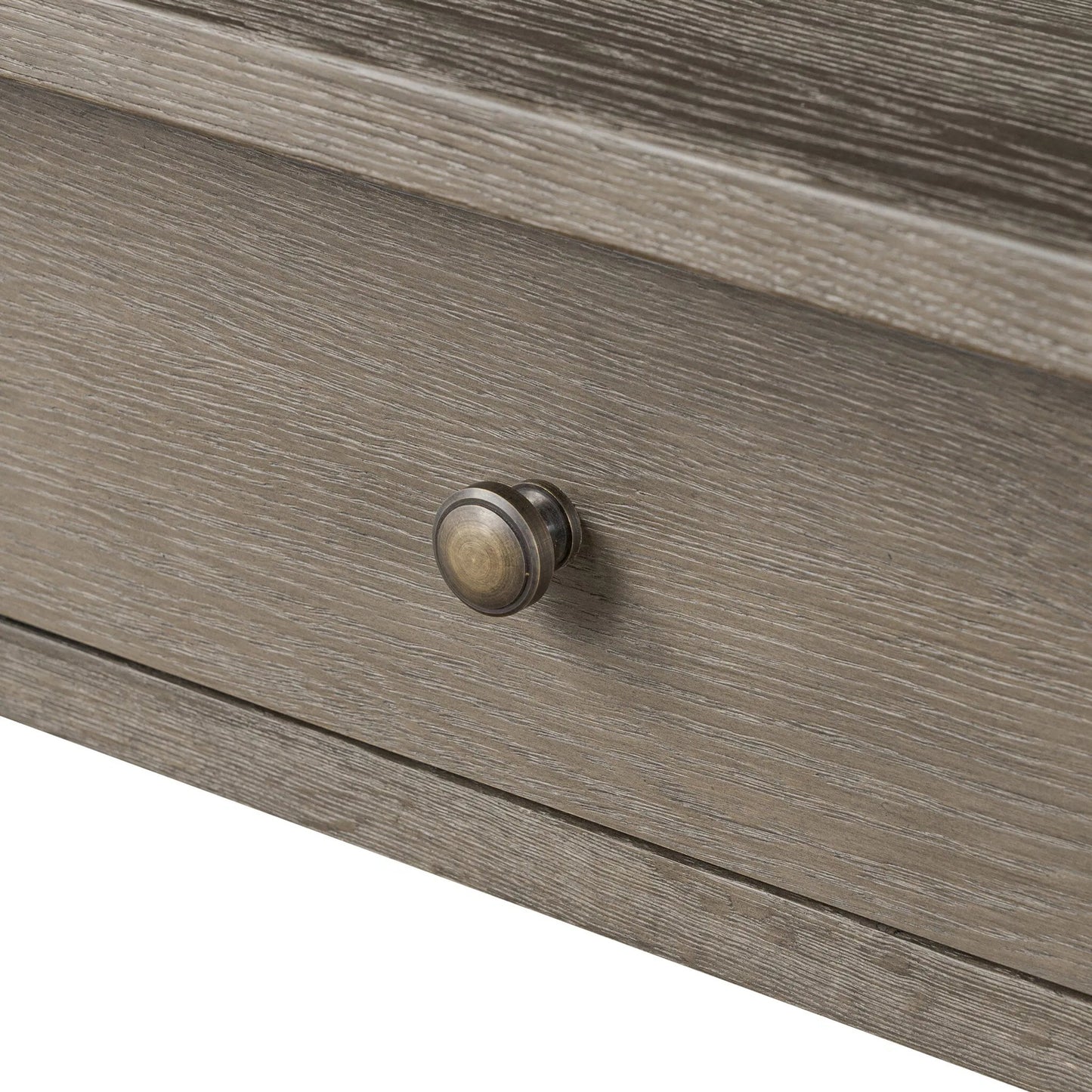 007 SI-2635295 | Closeup | Elise Kitchen Island by Four Hands in weathered hazel oak veneer, dark brass. Made from oak veneer, brass in a unique style.
