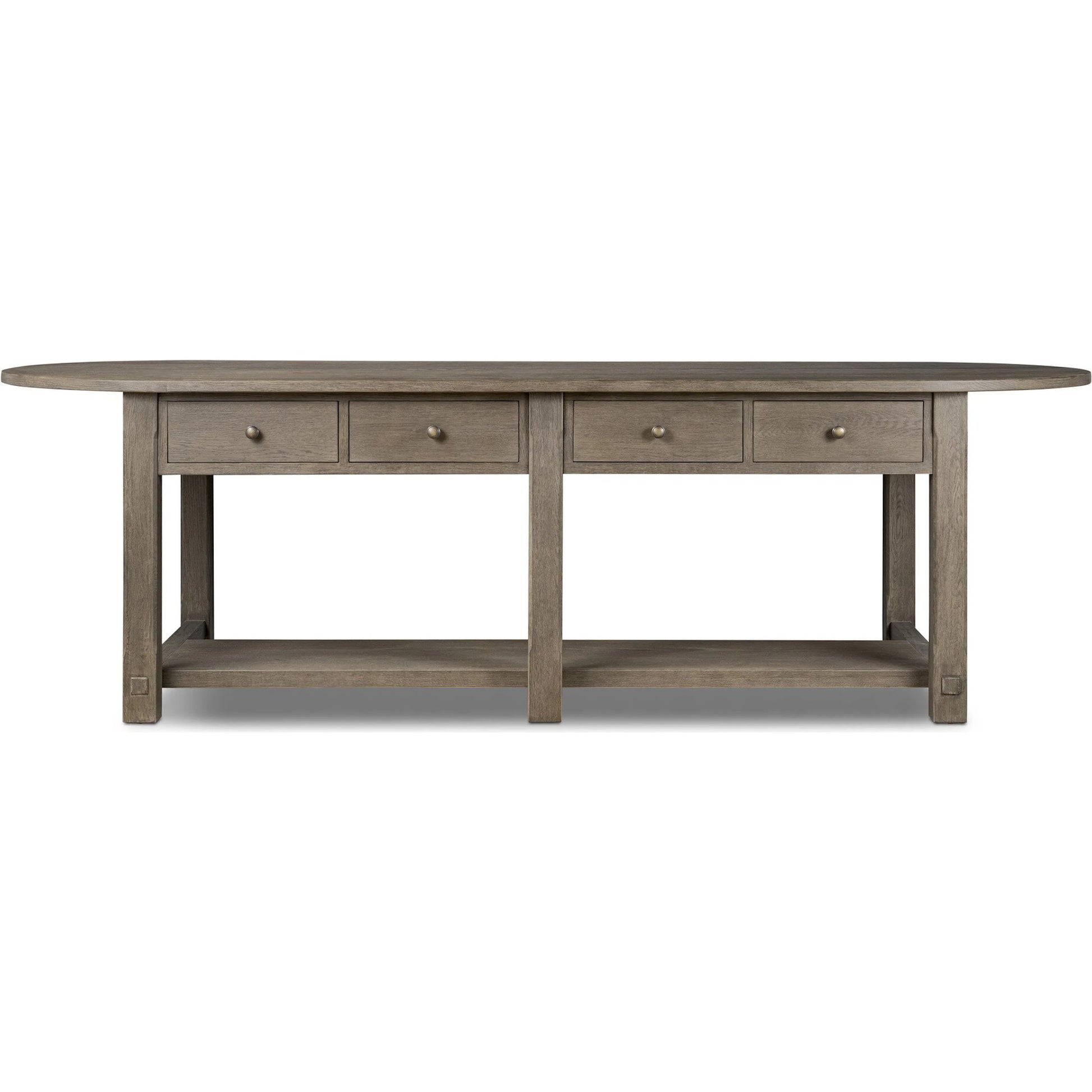 Elise Kitchen Island by Four Hands in weathered hazel oak veneer, dark brass. Made from oak veneer, brass in a unique style.