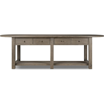Elise Kitchen Island by Four Hands in weathered hazel oak veneer, dark brass. Made from oak veneer, brass in a unique style.