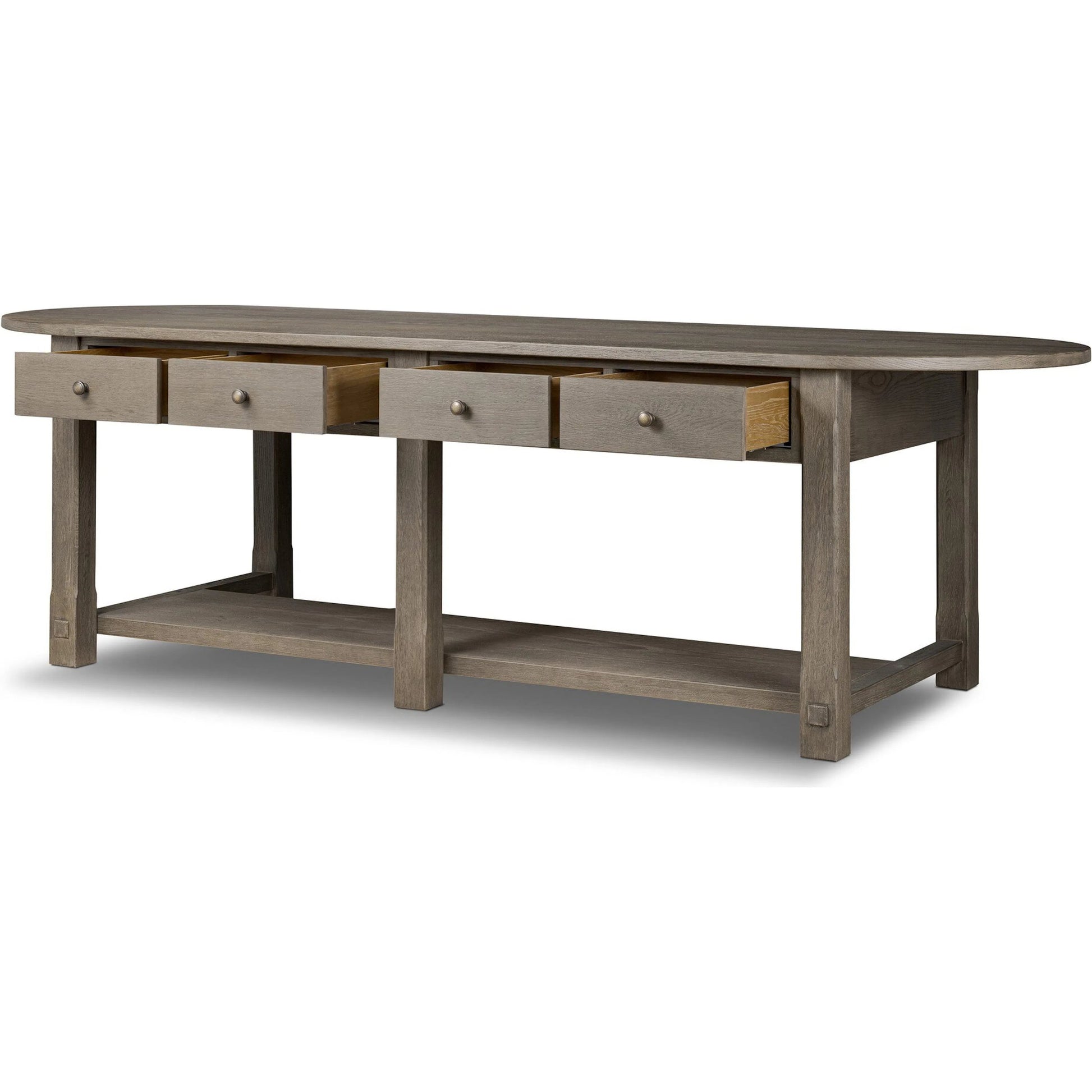 Elise Kitchen Island by Four Hands in weathered hazel oak veneer, dark brass. Made from oak veneer, brass in a unique style.