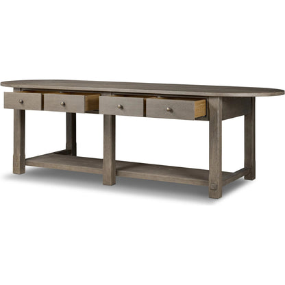 Elise Kitchen Island by Four Hands in weathered hazel oak veneer, dark brass. Made from oak veneer, brass in a unique style.
