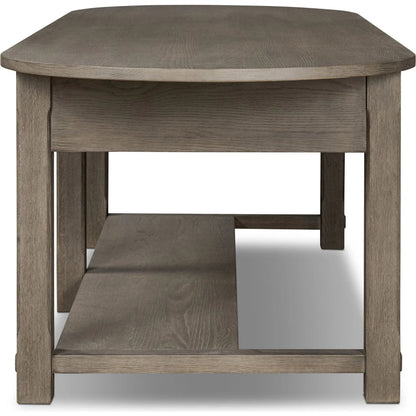 Elise Kitchen Island by Four Hands in weathered hazel oak veneer, dark brass. Made from oak veneer, brass in a unique style.