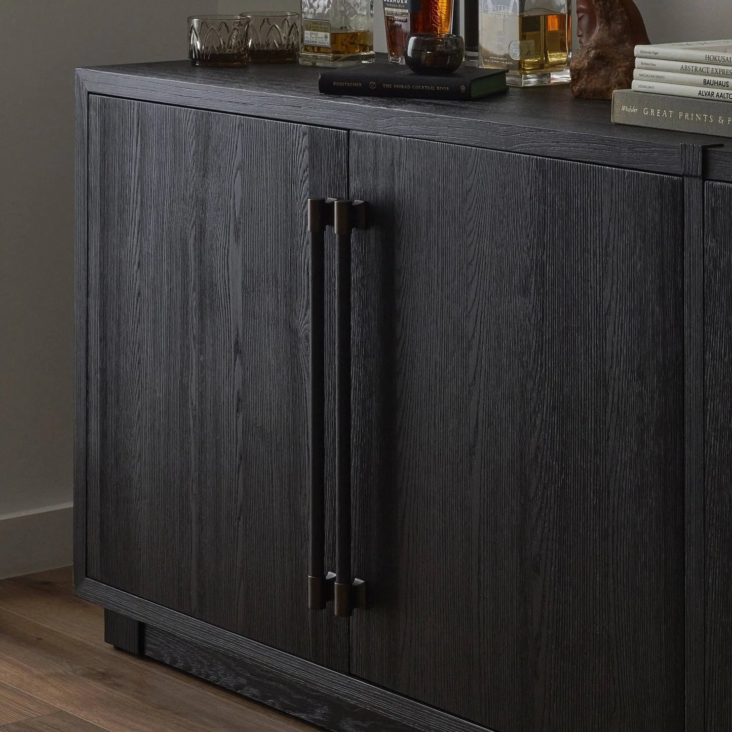 014 SI-2519065 | Closeup | Adolfo Sideboard by Four Hands in modern black ash, modern black ash solid. Made from ash veneer, solid ash in a transitional style.