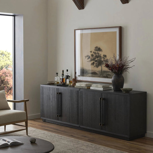 Adolfo Sideboard by Four Hands in modern black ash, modern black ash solid. Made from ash veneer, solid ash in a transitional style.