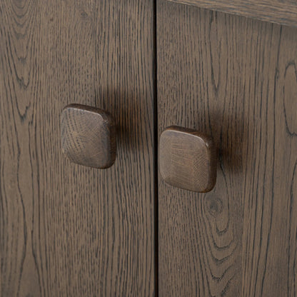 Valen Sideboard by Four Hands in rustic brown oak veneer, rustic brown oak solid. Made from oak veneer, solid oak in a unique style.