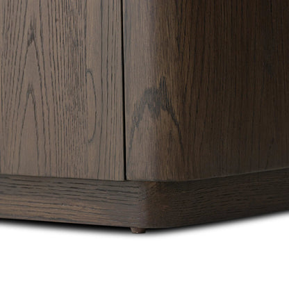Valen Sideboard by Four Hands in rustic brown oak veneer, rustic brown oak solid. Made from oak veneer, solid oak in a unique style.