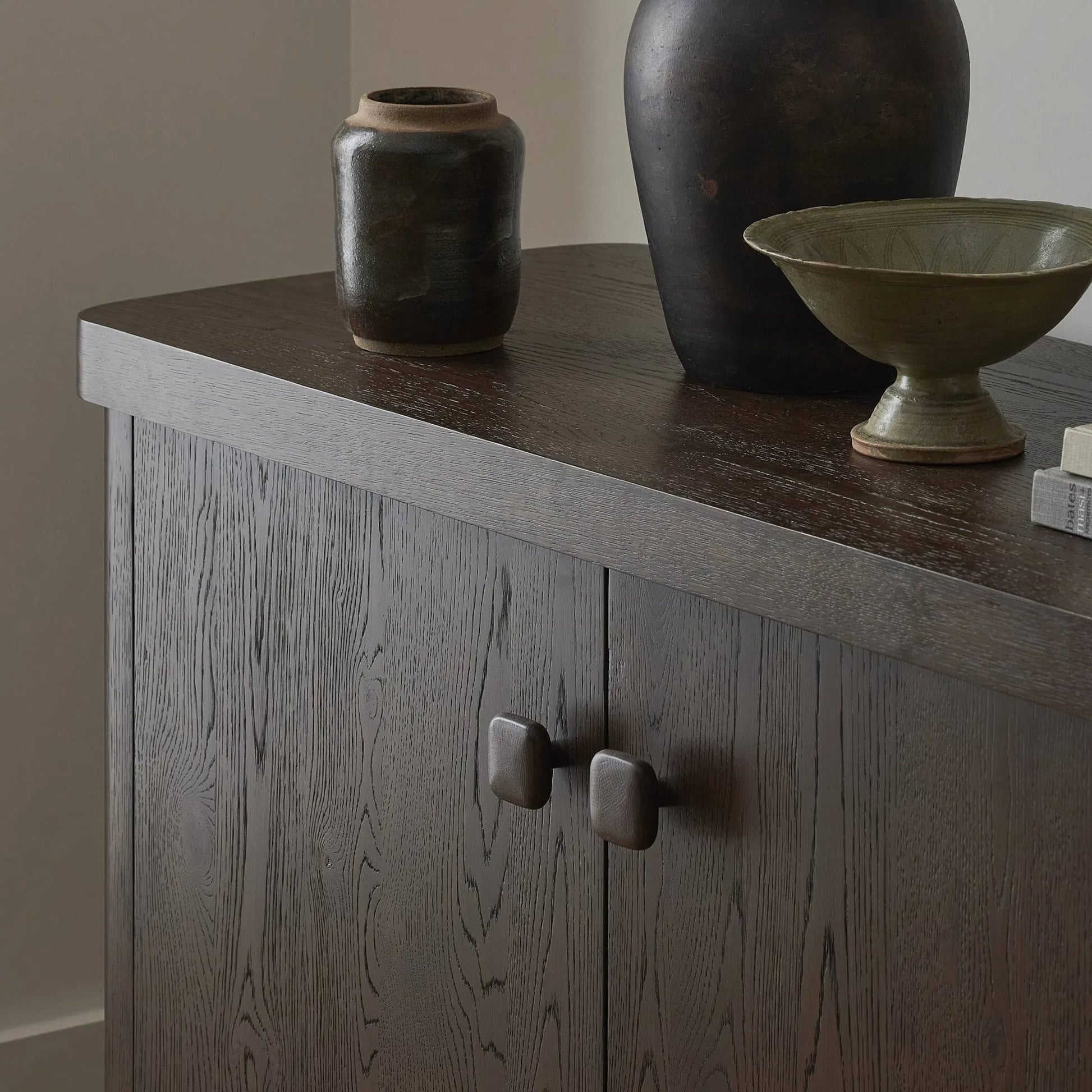 Valen Sideboard by Four Hands in rustic brown oak veneer, rustic brown oak solid. Made from oak veneer, solid oak in a unique style.