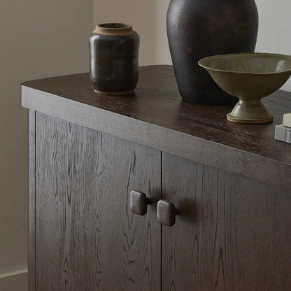 Valen Sideboard by Four Hands in rustic brown oak veneer, rustic brown oak solid. Made from oak veneer, solid oak in a unique style.