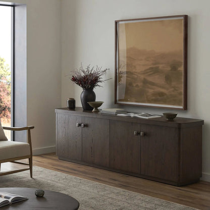 Valen Sideboard by Four Hands in rustic brown oak veneer, rustic brown oak solid. Made from oak veneer, solid oak in a unique style.
