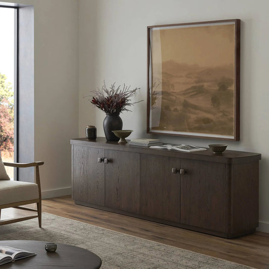 Valen Sideboard by Four Hands in rustic brown oak veneer, rustic brown oak solid. Made from oak veneer, solid oak in a unique style.
