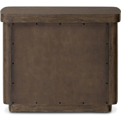 Valen Nightstand by Four Hands in rustic brown oak veneer, rustic brown oak solid. Made from oak veneer, solid oak in a traditional style.