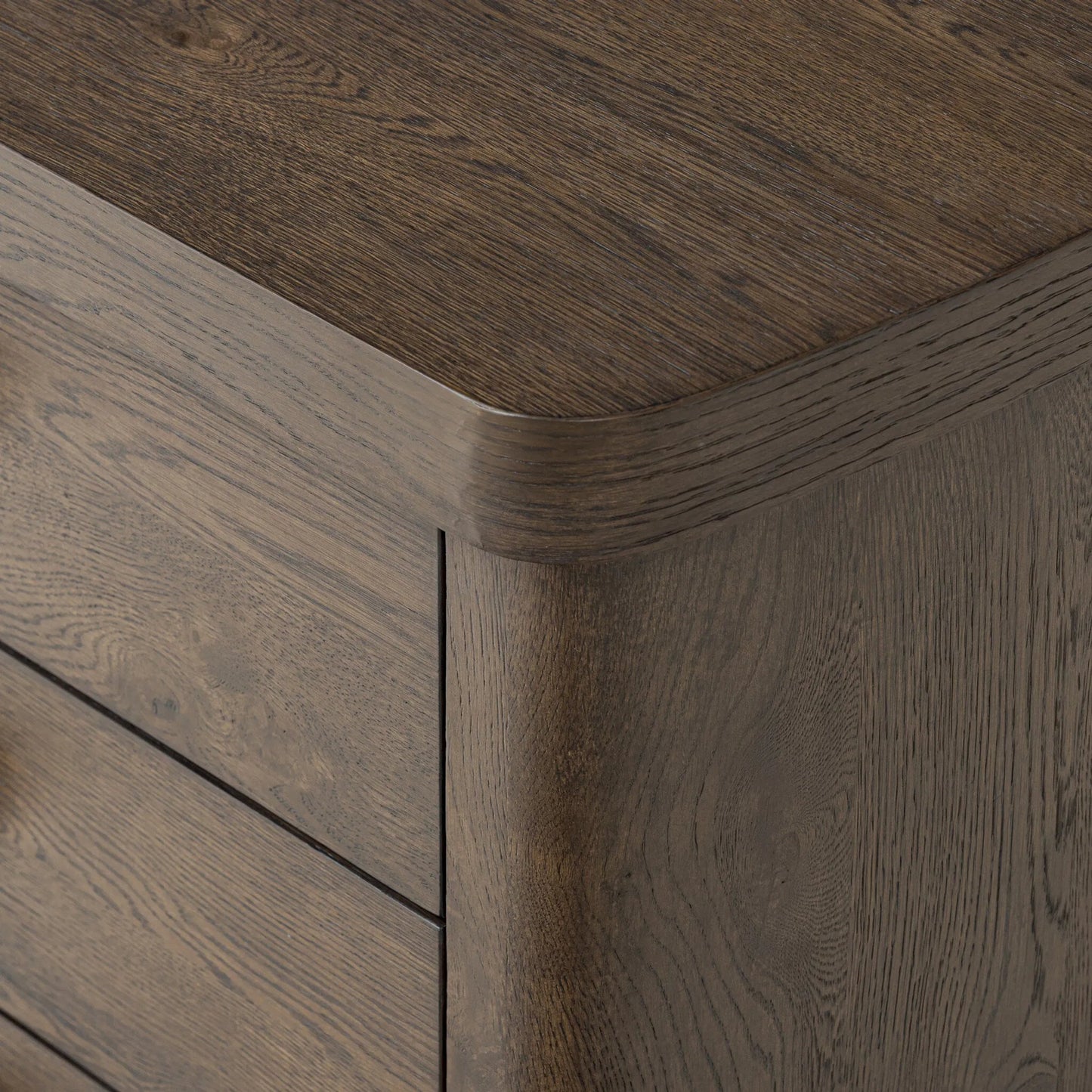 008 SI-2513338 | Closeup | Valen Nightstand by Four Hands in rustic brown oak veneer, rustic brown oak solid. Made from oak veneer, solid oak in a traditional style.